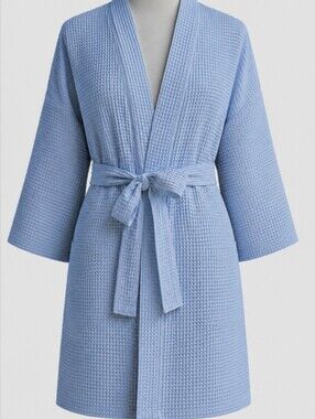 Light Blue Waffle Kimono Robe with Tie Waist With Side Pockets...